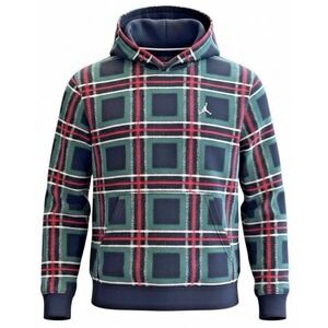 New NIKE Jordan Essentials Green Red Plaid Fleece Pullover Hoodie Men's Large